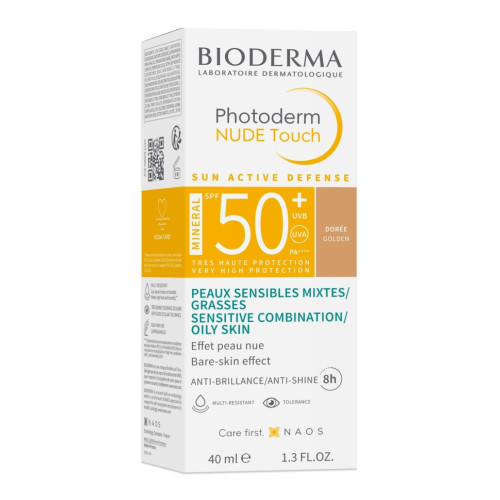 Bioderma Photoderm Nude Touch Слънцезащитен минерален оцветен флуид за лице за комбинирана и мазна кожа SPF50+ Златист нюанс 40 мл