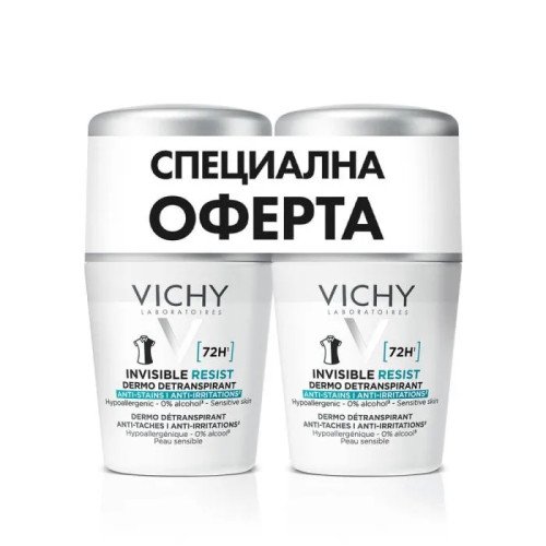 Vichy Дезодорант рол-он с до 72 часа ефект против изпотяване, петна и раздразнения 50 мл /1+1/ сребърен