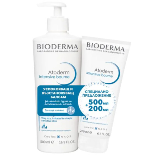 Bioderma Atoderm Интензивен успокояващ балсам 500 мл + Bioderma Atoderm Intensive Измиващ гел за много суха и атопична кожа 200 мл Комплект