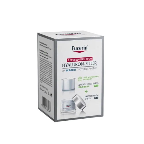 Комплект Eucerin Hyaluron-Filler Дневен крем за суха кожа SPF15 50 мл + Eucerin Hyaluron-Filler Дневен крем за суха кожа SPF15 50 мл - пълнител 