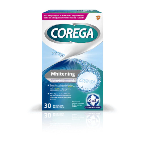 Corega Whitening Избелващи таблетки за почистване на протези x30 бр